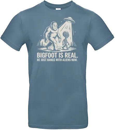 Bigfoot is real. He just hangs with aliens now - bigfoot, alien, ufo, humor, forest, illustration, conspiracy, friendship, light beam, extraterrestrial - Standard T-Shirt