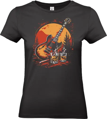 Guitar sunset - guitar, sunset, whiskey, trees, silhouette, cigarette, evening, warm, music, relaxation - Standard T-Shirt (Frauen)
