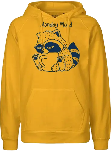 Monday Mood - monday mood, sleepy raccoon, coffee lover, caffeine addict, funny animal, tired raccoon, monday struggle, funny merch, animal cartoon, coffee vibes, lazy monday, cute raccoon art, coffee humor, grumpy morning, relatable mood - Fairtrade Hoodie