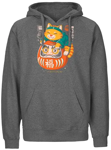 Neko Daruma - kawaii, retro vibe, eastern aesthetic, cat, daruma, luck, japanese style, cute art, funny shirt, pop culture, feline charm - Fairtrade Hoodie