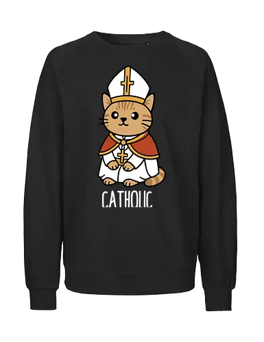 Adorable Catholic Pope Cat Cartoon  - Catholic cat, Pope cat, cute cat, religious art, cartoon cat, feline pope, funny cat, Christian art, church cat, kitten, animal art, religious humor, holy cat, pet art, unique gift, cat lover, Catholic faith, adorable animal, sacred cat - Fairtrade Sweatshirt