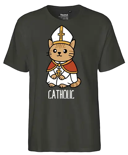 Adorable Catholic Pope Cat Cartoon  - Catholic cat, Pope cat, cute cat, religious art, cartoon cat, feline pope, funny cat, Christian art, church cat, kitten, animal art, religious humor, holy cat, pet art, unique gift, cat lover, Catholic faith, adorable animal, sacred cat - Fairtrade T-Shirt