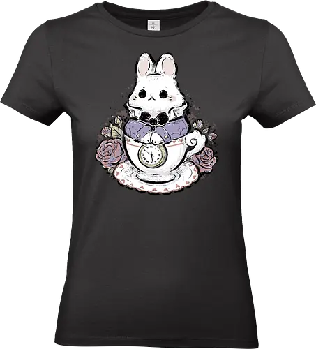 Cute White Rabbit Tea Cup - white rabbit, cute white rabbit, kawaii white rabbit, tea cup, tea time, pocket watch, alice in wonderland, vintage, cute bunny, fantasy, rose, animal, pastel, sketch, xmorfina - Standard T-Shirt (Frauen)