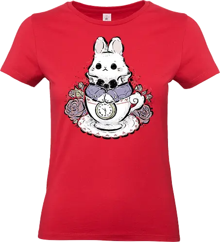 Cute White Rabbit Tea Cup - white rabbit, cute white rabbit, kawaii white rabbit, tea cup, tea time, pocket watch, alice in wonderland, vintage, cute bunny, fantasy, rose, animal, pastel, sketch, xmorfina - Standard T-Shirt (Frauen)
