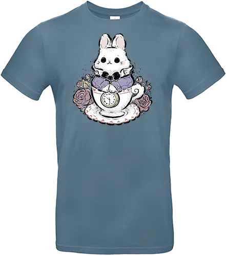 Cute White Rabbit Tea Cup - white rabbit, cute white rabbit, kawaii white rabbit, tea cup, tea time, pocket watch, alice in wonderland, vintage, cute bunny, fantasy, rose, animal, pastel, sketch, xmorfina - Standard T-Shirt