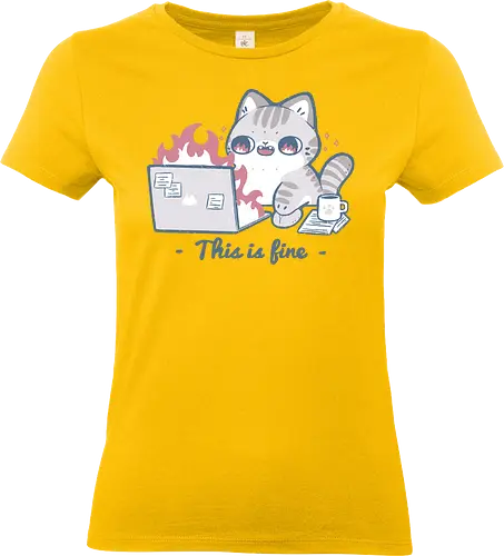 This is fine cat working - this is fine, office, work, meme, cute cat, kawaii cat, working, laptop, pc, humor, funny, burnout, positive, tabby cat, xmorfina - Standard T-Shirt (Frauen)