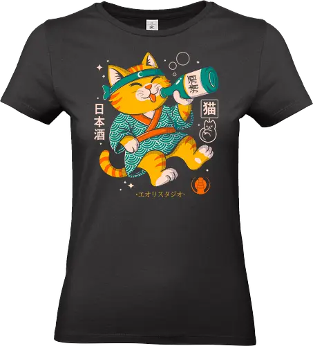 The Feline Toast - cat art, japanese cat, cute cat, sake cat, anime style, kawaii design, japanese culture, funny animal art, otaku fashion, feline humor - Standard T-Shirt (Frauen)