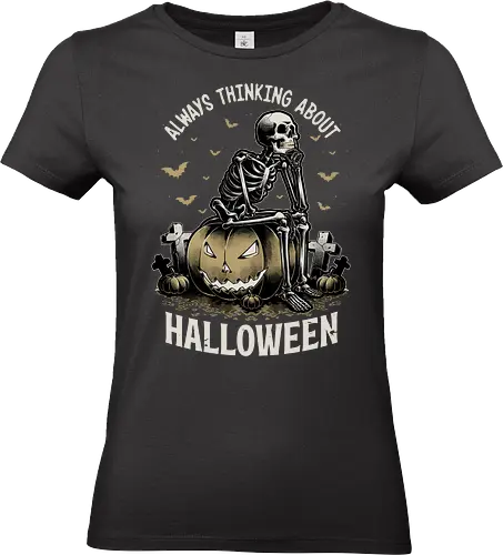 The Halloween Thinker - Halloween, Halloween Art, Halloween Design, Spooky, Spooky Season, Spooky Art, Spooky Cute, Creepy, Skeletons, Skeleton, Funny Skeleton, Scary, Scary Cute, Skull, Bat, Pumpkin, Graveyard, Pumpkins, Overthinker, Think, Pumpkin Carving, Pumpkin Head, Night, Thinking, Overthinking, Overthink - Standard T-Shirt (Frauen)