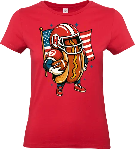 Amerika Hot Dog Rugby - Pop-Art, Geek, Amerikaner, Amerika, Lustig, Hotdog, Essen, Rugby, Football, 4. Juli, Unabhängigkeitstag, Ästhetisch, Illustration, Feinschmecker, lm2kone - Standard T-Shirt (Frauen)