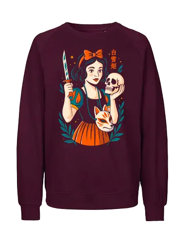 Snow Blade - snow white, samurai, kitsune mask, dark fairytale, modern princess, skull art, japanese folklore, edgy design, warrior girl, alternative fashion, gothic humor, tattoo style, sword girl, brave heroine, bold aesthetic, creepy cute - Fairtrade Sweatshirt