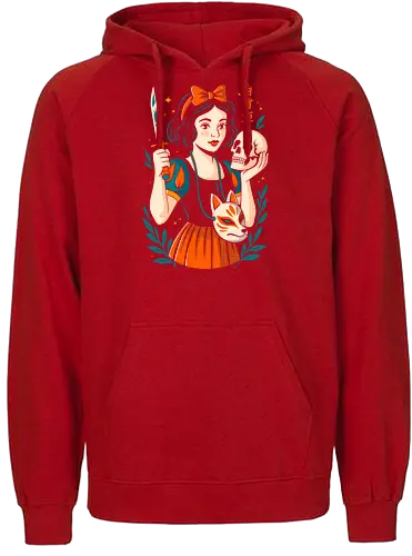 Snow Blade - snow white, samurai, kitsune mask, dark fairytale, modern princess, skull art, japanese folklore, edgy design, warrior girl, alternative fashion, gothic humor, tattoo style, sword girl, brave heroine, bold aesthetic, creepy cute - Fairtrade Hoodie