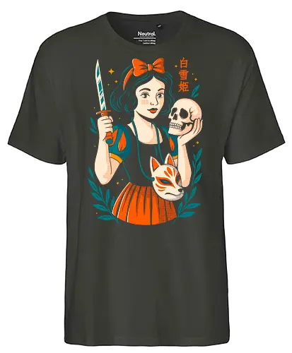 Snow Blade - snow white, samurai, kitsune mask, dark fairytale, modern princess, skull art, japanese folklore, edgy design, warrior girl, alternative fashion, gothic humor, tattoo style, sword girl, brave heroine, bold aesthetic, creepy cute - Fairtrade T-Shirt