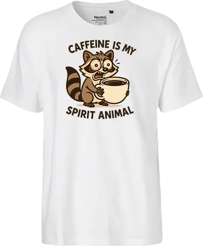 Caffeine is My Spirit Animal Raccoon Coffee Lover Art - Caffeine, spirit animal, coffee, raccoon, coffee lover, coffee addict, funny coffee, morning person, night owl, tired, wired, espresso, barista, coffee humor, animal art, cartoon, cute raccoon, relatable, gift for coffee lover, energy drink - Fairtrade T-Shirt