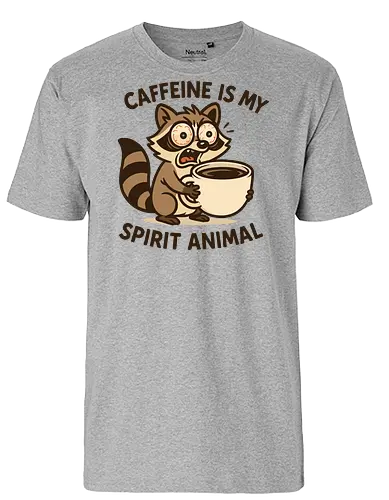 Caffeine is My Spirit Animal Raccoon Coffee Lover Art - Caffeine, spirit animal, coffee, raccoon, coffee lover, coffee addict, funny coffee, morning person, night owl, tired, wired, espresso, barista, coffee humor, animal art, cartoon, cute raccoon, relatable, gift for coffee lover, energy drink - Fairtrade T-Shirt