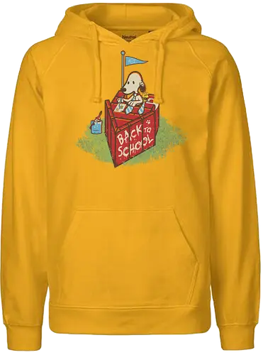 Back to school - back to school, red dog house, white dog, beagle, yellow bird, cute, vintage cartoon, cartoons, new school, desk, ties, funny - Fairtrade Hoodie