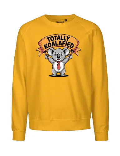 Totally Koalafied - koala, cartoon, humor, banner, text, gray background, red tie, playful, cheerful, pun - Fairtrade Sweatshirt