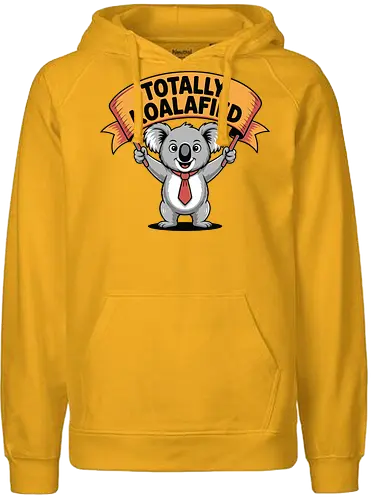 Totally Koalafied - koala, cartoon, humor, banner, text, gray background, red tie, playful, cheerful, pun - Fairtrade Hoodie