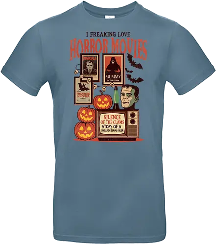 I Freaking Love Horror Movies Classic Monster - Horror movies, I love horror movies, classic horror, monster movies, Dracula, Mummy, Phantom of the Opera, Halloween, spooky, retro horror, vintage horror, horror fan, horror lover, movie poster, bats, skulls, jack-o'-lanterns, macabre, scary, film buff, horror gift - Standard T-Shirt