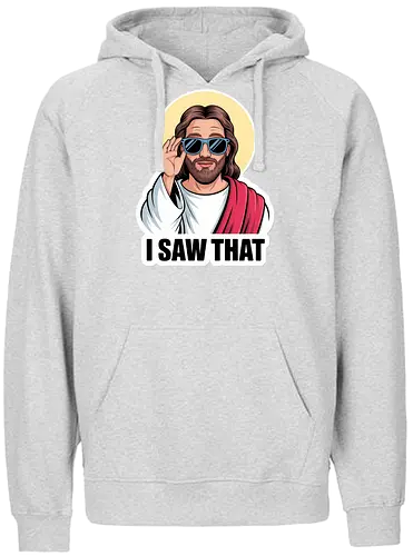 I Saw That" Cool Jesus with Sunglasses - Funny Jesus, I Saw That, cool Jesus, Jesus with sunglasses, religious humor, Christian humor, funny Christian, witty art, divine humor, spiritual joke, novelty gift, pop culture Jesus, ironic Jesus, sacred art, religious meme, playful faith, watchful eye - Fairtrade Hoodie