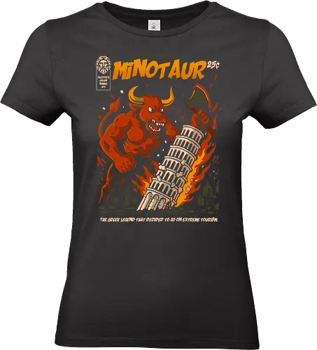 Minotaur Attack - vintage illustration, fiery art, mythological creature, bold design, retro poster art, fantasy t-shirt, mythic legend, powerful monster, greek legend, beast art, minotaur, greek mythology, mythology art, monster design, retro comic style, legendary beast, fantasy artwork, leaning tower of pisa, epic destruction, urban chaos - Standard T-Shirt (Frauen)