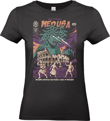 Medusa Attack - medusa, greek mythology, gorgon, snake hair monster, mythological creature, powerful female figure, retro comic design, vintage illustration, deadly gaze, legendary monster, epic mythology art, dark fantasy, mythology t-shirt, bold artwork, ancient legend, stone curse, fiery design, mythology poster, classic myth art, female monster - Standard T-Shirt (Frauen)