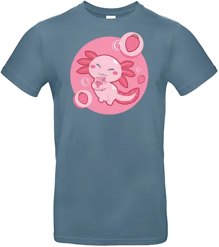 Axolotl and strawberry drink - axolotl, cute, strawberry, drink, pink, cartoon, bubbles, maroon, kawaii, adorable - Standard T-Shirt