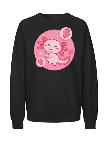 Axolotl and strawberry drink - axolotl, cute, strawberry, drink, pink, cartoon, bubbles, maroon, kawaii, adorable - Fairtrade Sweatshirt
