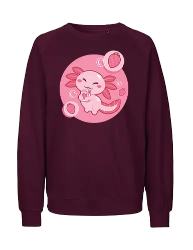 Axolotl and strawberry drink - axolotl, cute, strawberry, drink, pink, cartoon, bubbles, maroon, kawaii, adorable - Fairtrade Sweatshirt
