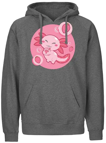 Axolotl and strawberry drink - axolotl, cute, strawberry, drink, pink, cartoon, bubbles, maroon, kawaii, adorable - Fairtrade Hoodie