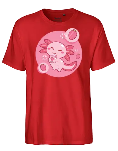 Axolotl and strawberry drink - axolotl, cute, strawberry, drink, pink, cartoon, bubbles, maroon, kawaii, adorable - Fairtrade T-Shirt