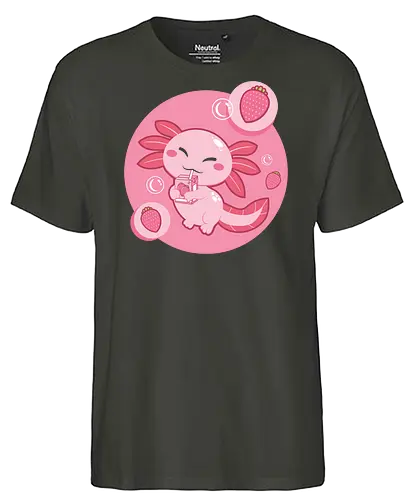 Axolotl and strawberry drink - axolotl, cute, strawberry, drink, pink, cartoon, bubbles, maroon, kawaii, adorable - Fairtrade T-Shirt