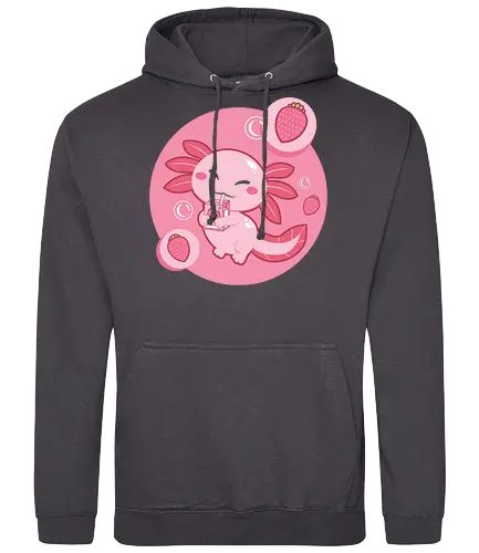 Axolotl and strawberry drink - axolotl, cute, strawberry, drink, pink, cartoon, bubbles, maroon, kawaii, adorable - Standard Hoodie