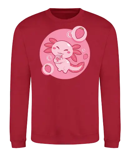Axolotl and strawberry drink - axolotl, cute, strawberry, drink, pink, cartoon, bubbles, maroon, kawaii, adorable - Sweatshirt