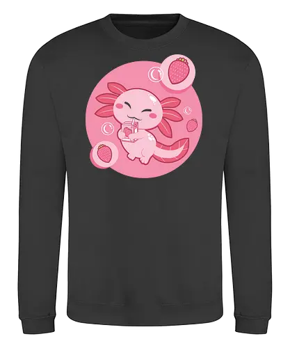 Axolotl and strawberry drink - axolotl, cute, strawberry, drink, pink, cartoon, bubbles, maroon, kawaii, adorable - Sweatshirt