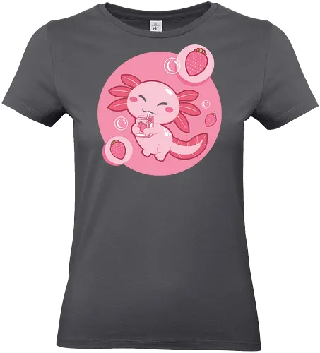 Axolotl and strawberry drink - axolotl, cute, strawberry, drink, pink, cartoon, bubbles, maroon, kawaii, adorable - Standard T-Shirt (Frauen)