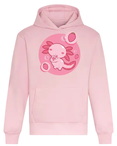 Axolotl and strawberry drink - axolotl, cute, strawberry, drink, pink, cartoon, bubbles, maroon, kawaii, adorable - Heavyweight Hoodie