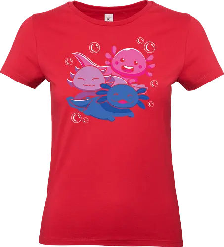 Three axolotls - axolotls, cartoon, cute, swimming, bubbles, pink, blue, purple, playful, aquatic - Standard T-Shirt (Frauen)