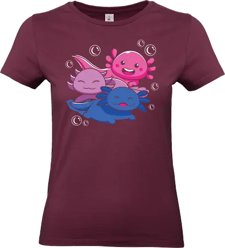 Three axolotls - axolotls, cartoon, cute, swimming, bubbles, pink, blue, purple, playful, aquatic - Standard T-Shirt (Frauen)