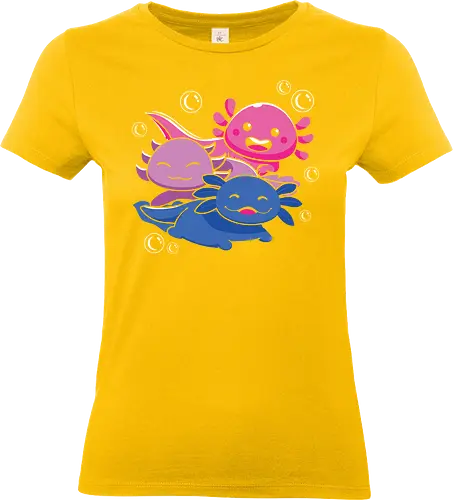 Three axolotls - axolotls, cartoon, cute, swimming, bubbles, pink, blue, purple, playful, aquatic - Standard T-Shirt (Frauen)