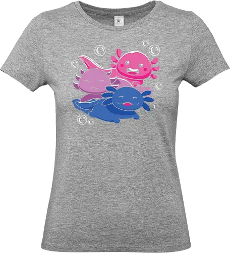 Three axolotls - axolotls, cartoon, cute, swimming, bubbles, pink, blue, purple, playful, aquatic - Standard T-Shirt (Frauen)