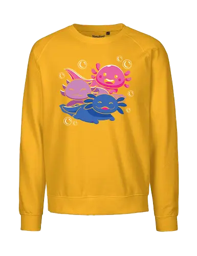 Three axolotls - axolotls, cartoon, cute, swimming, bubbles, pink, blue, purple, playful, aquatic - Fairtrade Sweatshirt