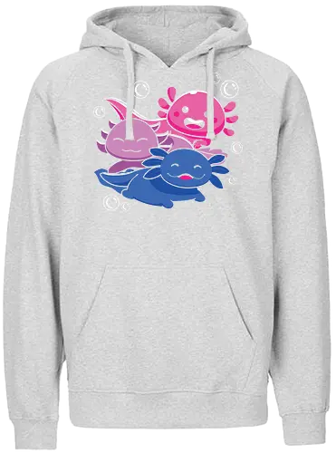 Three axolotls - axolotls, cartoon, cute, swimming, bubbles, pink, blue, purple, playful, aquatic - Fairtrade Hoodie