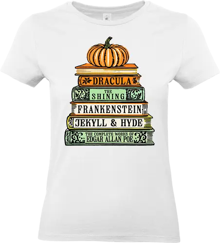 Chilling Classics Halloween Horror Books - Horror books, classic horror, Halloween, literary horror, Dracula, The Shining, Frankenstein, Jekyll & Hyde, Edgar Allan Poe, spooky books, book stack, pumpkin, horror literature, Gothic horror, scary stories, reading, bookworm, bibliophile, Halloween decor, horror fan - Standard T-Shirt (Frauen)