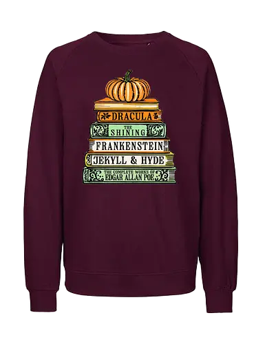 Chilling Classics Halloween Horror Books - Horror books, classic horror, Halloween, literary horror, Dracula, The Shining, Frankenstein, Jekyll & Hyde, Edgar Allan Poe, spooky books, book stack, pumpkin, horror literature, Gothic horror, scary stories, reading, bookworm, bibliophile, Halloween decor, horror fan - Fairtrade Sweatshirt