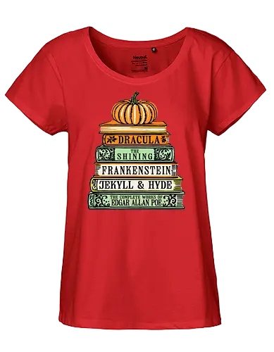 Chilling Classics Halloween Horror Books - Horror books, classic horror, Halloween, literary horror, Dracula, The Shining, Frankenstein, Jekyll & Hyde, Edgar Allan Poe, spooky books, book stack, pumpkin, horror literature, Gothic horror, scary stories, reading, bookworm, bibliophile, Halloween decor, horror fan - Fairtrade Girl Shirt