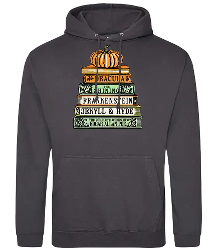 Chilling Classics Halloween Horror Books - Horror books, classic horror, Halloween, literary horror, Dracula, The Shining, Frankenstein, Jekyll & Hyde, Edgar Allan Poe, spooky books, book stack, pumpkin, horror literature, Gothic horror, scary stories, reading, bookworm, bibliophile, Halloween decor, horror fan - Standard Hoodie