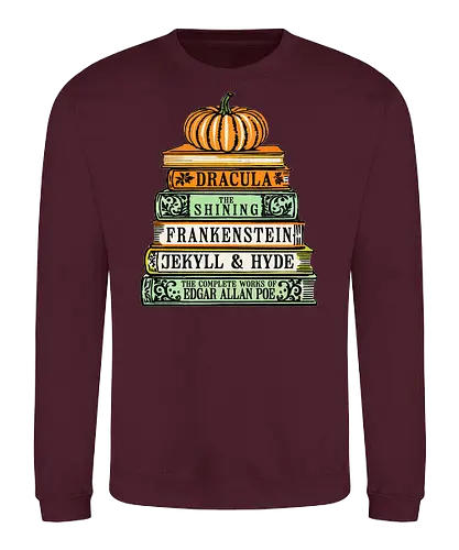 Chilling Classics Halloween Horror Books - Horror books, classic horror, Halloween, literary horror, Dracula, The Shining, Frankenstein, Jekyll & Hyde, Edgar Allan Poe, spooky books, book stack, pumpkin, horror literature, Gothic horror, scary stories, reading, bookworm, bibliophile, Halloween decor, horror fan - Sweatshirt