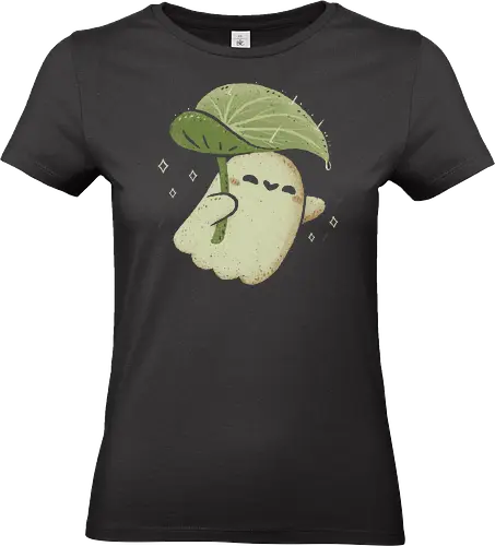 Cute Ghost with Leaf Umbrella - cute ghost, kawaii ghost, rain, umbrella, creepy cute, autumn, winter, spooky cute, cozy, leaves, nature, love, happy, spring - Standard T-Shirt (Frauen)