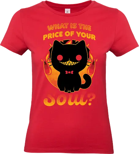 Cat Buys Souls - Cat, Black, Black Cat, Demon, Devil, Creepy, Fluffy, Pet, Sarcasm, Joke, Evil, Fire, Sinister, Soul - Standard T-Shirt (Frauen)