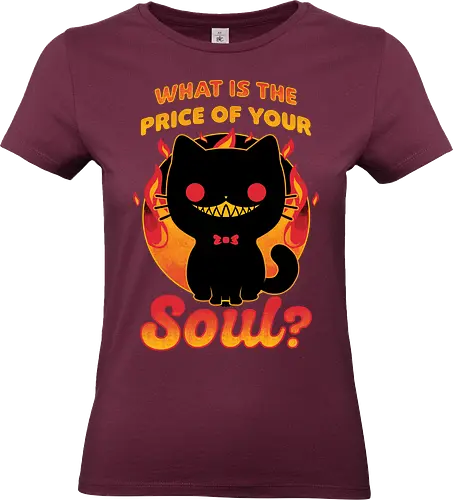 Cat Buys Souls - Cat, Black, Black Cat, Demon, Devil, Creepy, Fluffy, Pet, Sarcasm, Joke, Evil, Fire, Sinister, Soul - Standard T-Shirt (Frauen)
